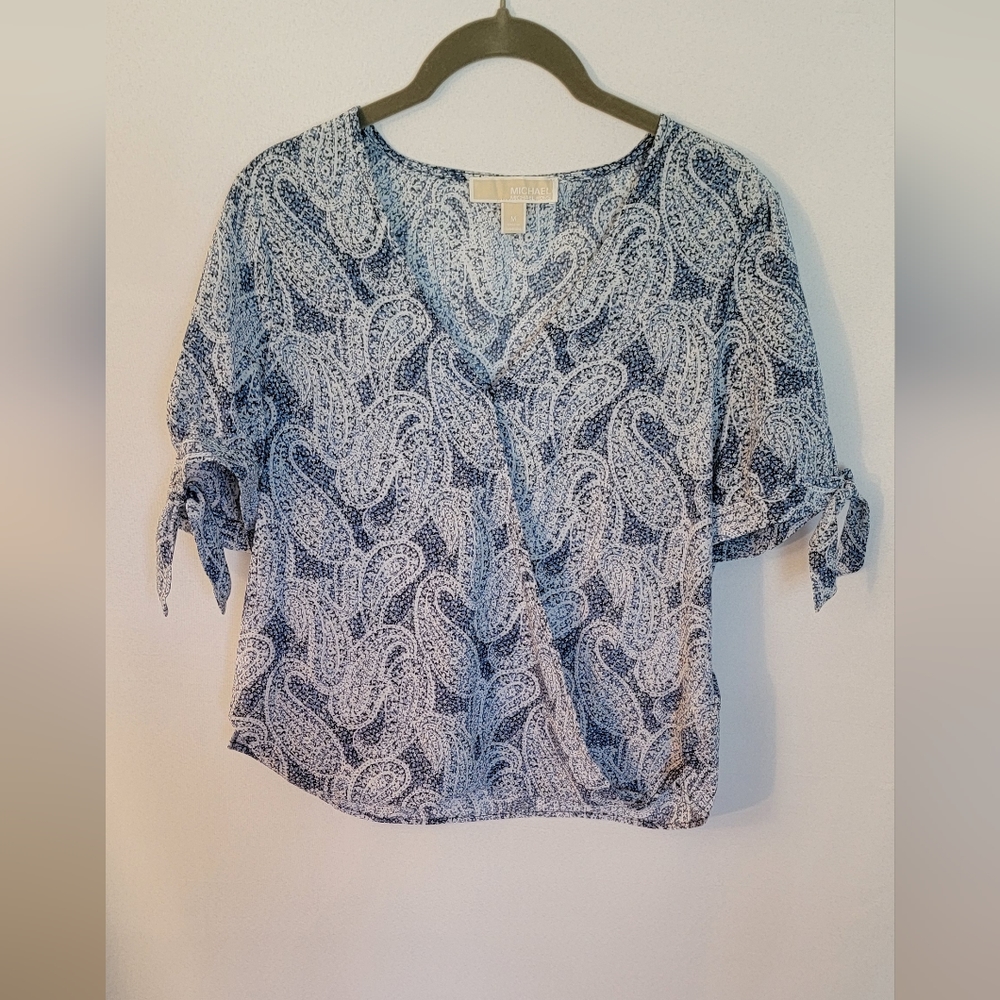 Michael Kors Blue & White Paisley Wrap Blouse Size M